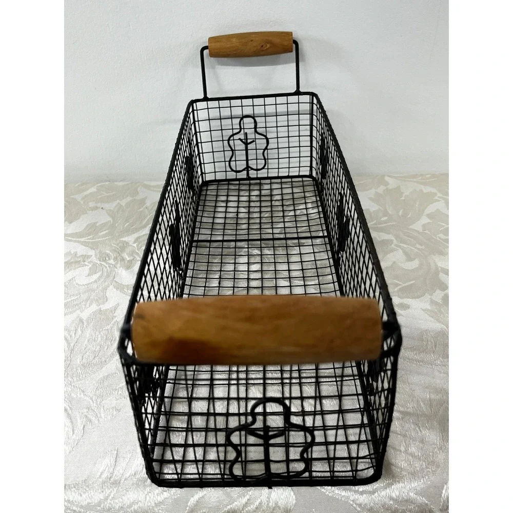 Rectangular Wire Rooster Basket Farmhouse Metal Storage Wood Handles 19x5.5 in
